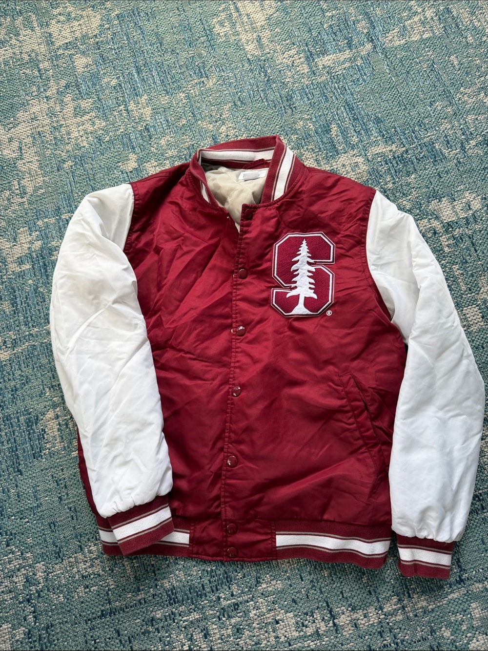 Maroon and White Varsity Jacket with Tree 'S' Emblem - Women's